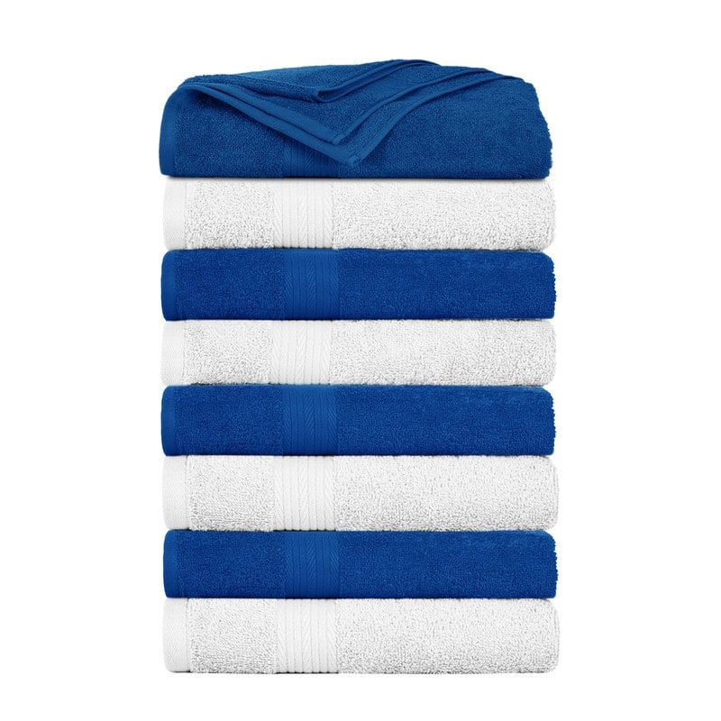 Cotton 600 GSM Highly Absorbent Bath Towels 30x54 Inch by Ample Decor - Pack of 8 - White - Navy