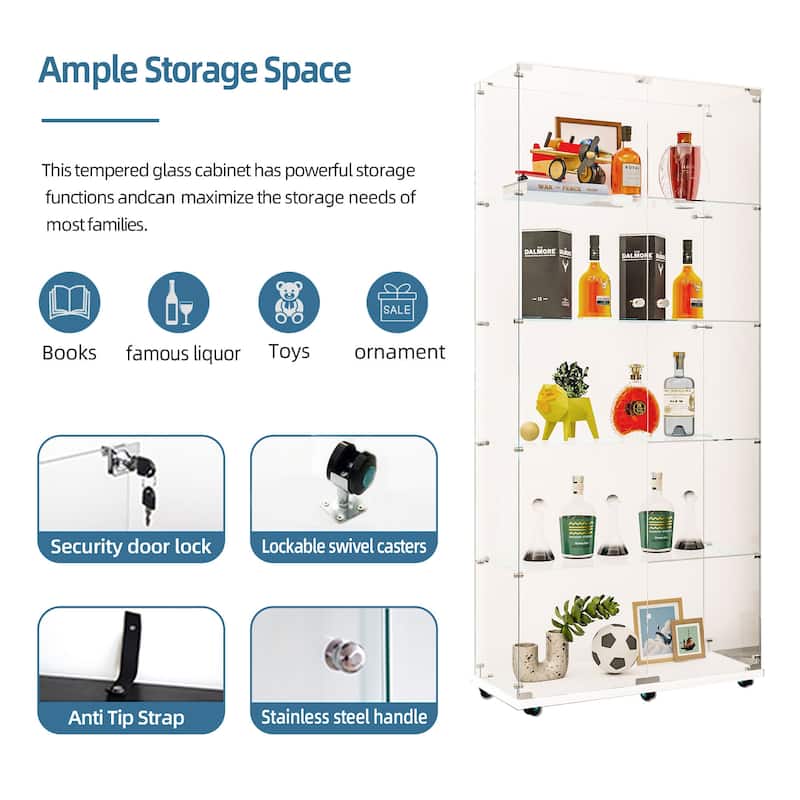 Tall Tempered Glass Storage Cabinet with Remote App LED Strip, Locking Door, Easy-Move Casters, Wine & File Display Case