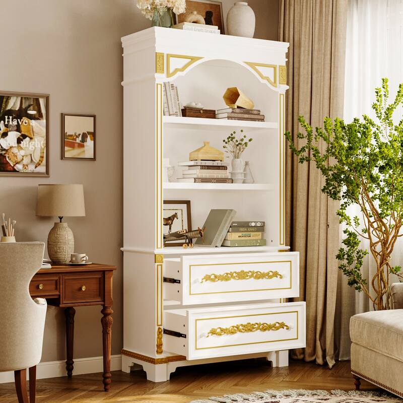 Display Cabinet with Drawers Tall Wine Bar Bookcase with LED Light Glass Shelves, Carved Solid Wood Front, 76.6"