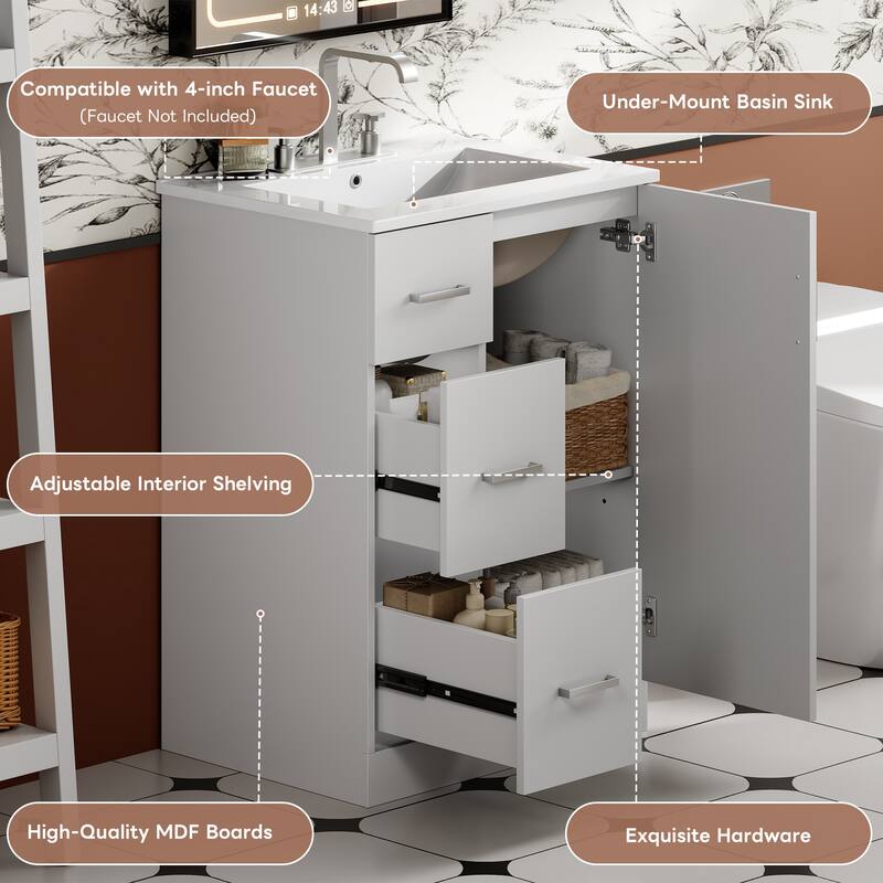 24'' Freestanding Bathroom Vanity with White Integrated Ceramic Sink - 24'' x 18.3'' x 33.78''