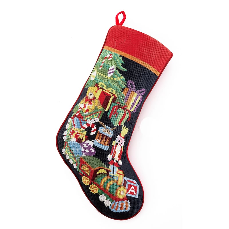 Toy Train Embroidered Needlepoint Stocking