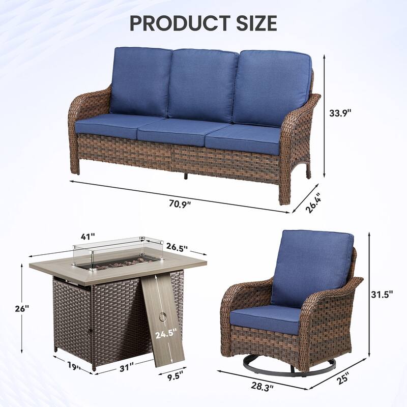 Pocassy Patio Sofa Swivel Chairs with Fire Table Funiture