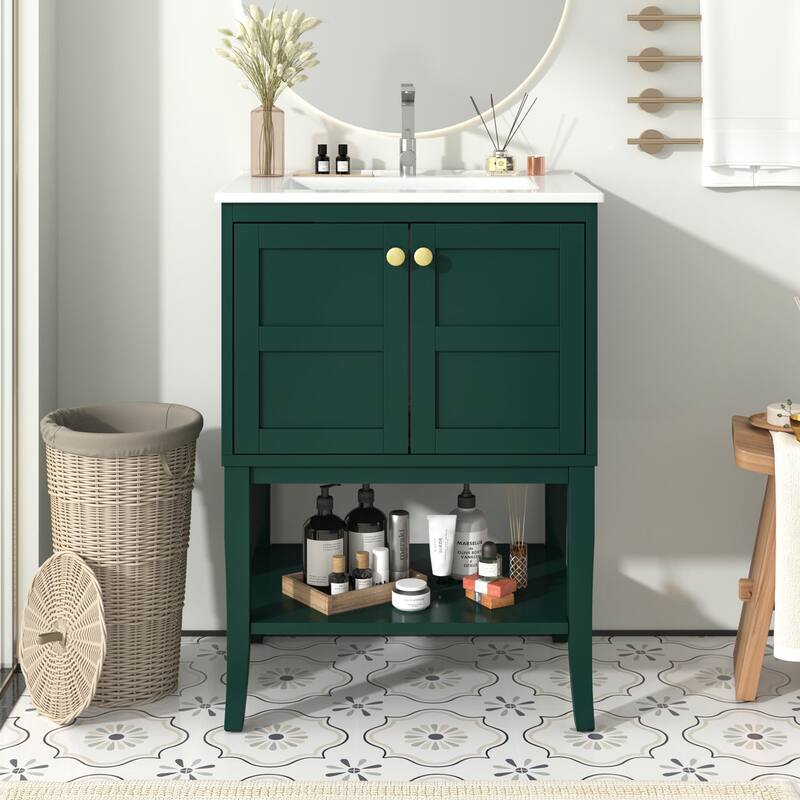 24 inch MDF Freestanding Bathroom Vanity Set in Green with Integrated Resin Sink - Painted - 24'' x 18'' x 34'' - Green