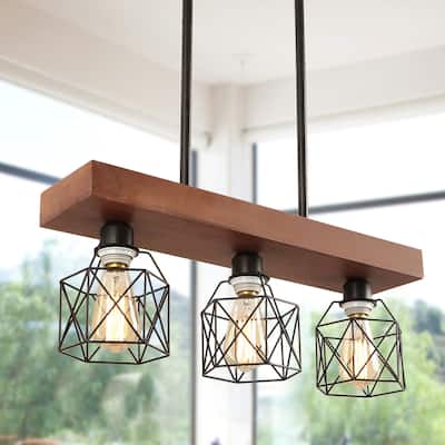 Anmytek Rustic Wood Metal Chandelier Kitchen Island 3-Light Fixture Adjustable Hanging Linear Chandelier for Dining Room