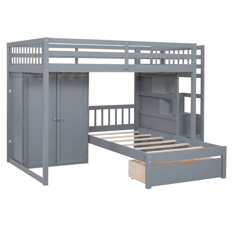 Full Over Twin Bunk Bed with Wardrobe and Drawers in Gray