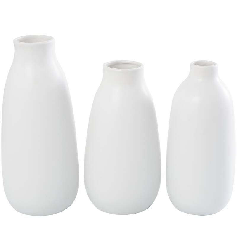 White Ceramic Decorative Vase with Black Lavender Prints (Set of 3) - 13", 11", 12"H
