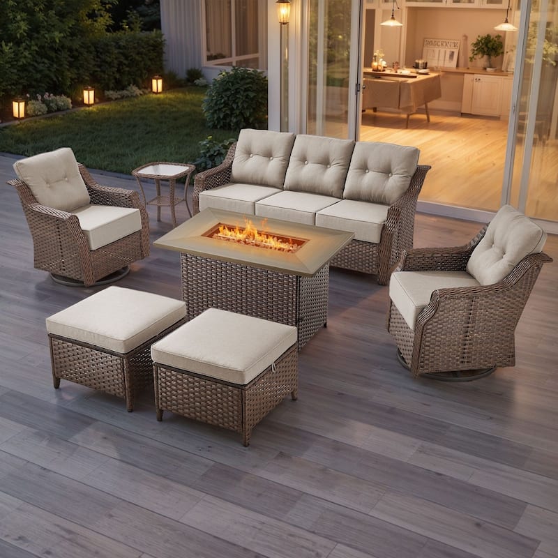 Artisan Brown Wicker Patio Fire Pit Conversation Set with 3-Seat Sofa & Swivel Gliders