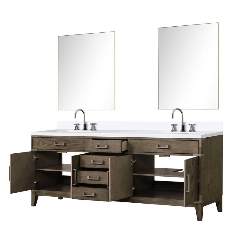 Laurel 60 in W x 22 in D Black Oak Double Bath Vanity, White Quartz Top, Faucet Set, and 28 in Mirrors