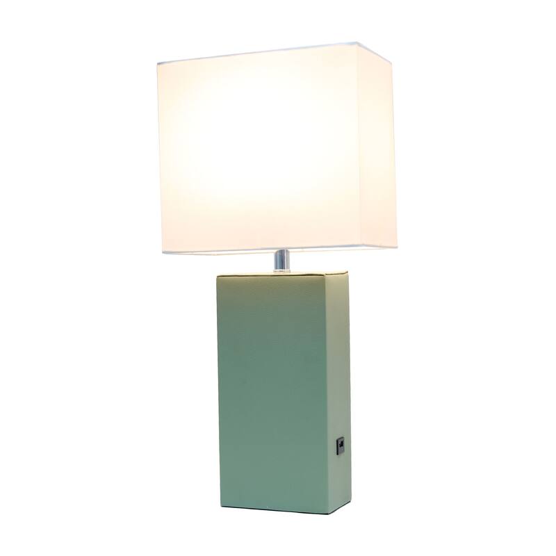 Modern Leather Table Lamp with USB and White Fabric Shade