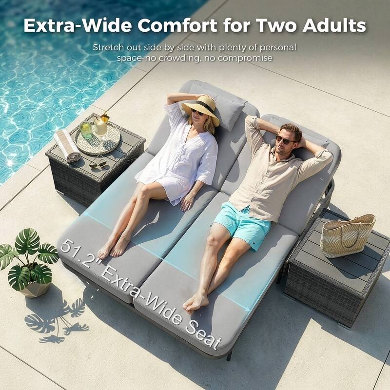 Outdoor Sectional Conversation Set PE Wicker with Double Chaise Lounge, 60,000 BTU Fire Pit Table