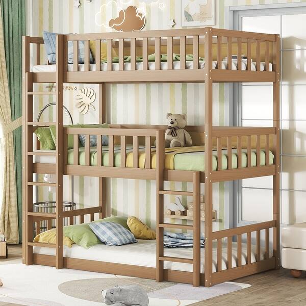 slide 2 of 13, 76.8"H Twin Size Triple Bunk Bed Frame with Ladders and Guardrails,Oak Oak