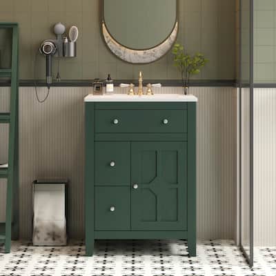 24" Modern Bathroom Vanity with Ceramic Basin - Restroom Sink Cabinet with 2 Drawers