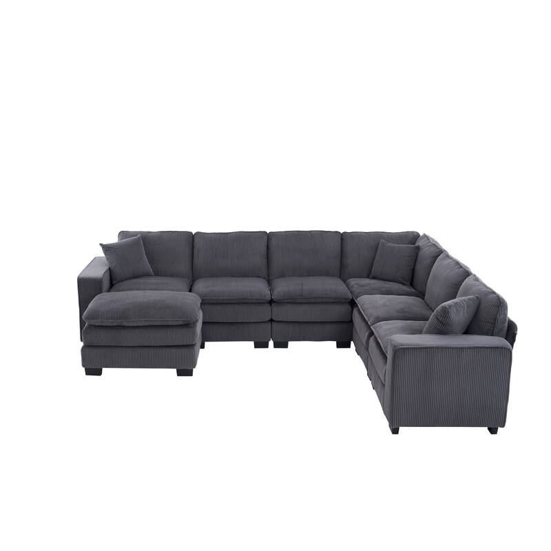 Corduroy Upholstered U-shaped Chaise Sectional Sofa Modular Sleeper Sofa Bed Deep Seat Couch with Ottoman and Pillows