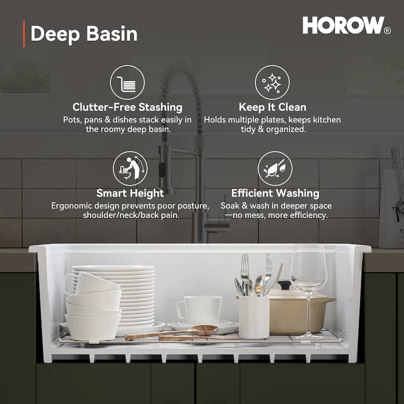 HOROW 30 in. Drop-In Single Bowl White Ceramic Kitchen Sink Standard and Bottom Grid, Drain Assembly, Cutting Board
