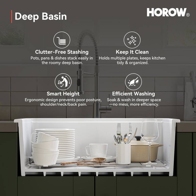 HOROW 30 in. Drop-In Single Bowl White Ceramic Kitchen Sink Standard and Bottom Grid, Drain Assembly, Cutting Board