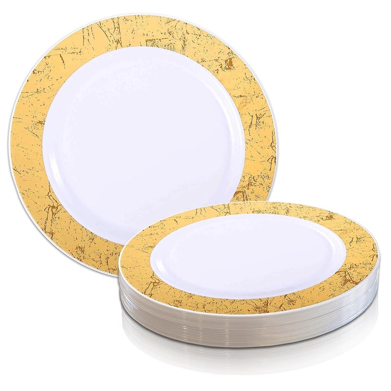 Shiny Gold Marble Rim Disposable Plastic Plate Packs - Party Supplies