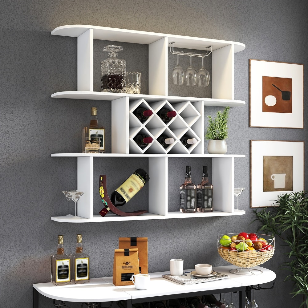 Large Wall Mounted 3 Tier Bottle Wine Rack,Multifunctional Wooden Wall Mounted Wine Rack,Storage Rack with Wine Glass Holder