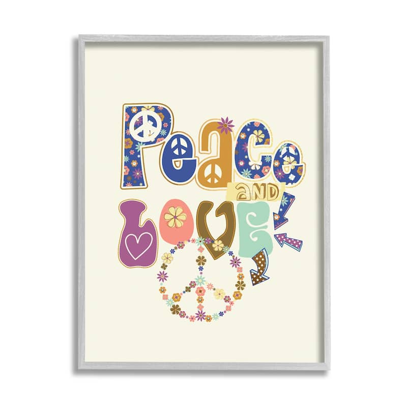 Stupell Groovy Peace and Love Sentiments Floral Peace Sign Framed Wall Art