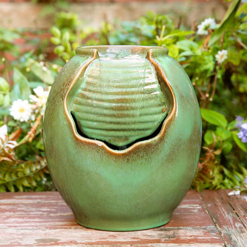 Glitzhome 9"H Leaf Textured Ceramic Jar Indoor Tabletop Water Fountain with LED Lights