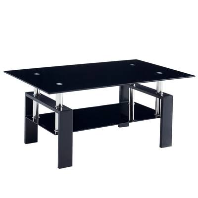 Glass Coffee Table with Lower Shelf, Clear Rectangle Glass Coffee Table