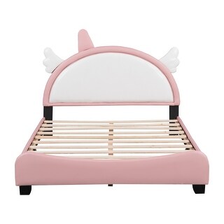 Upholstered Leather Platform Bed with Unicorn Shape Headboard, Platform Bed Frame with Unicorn Ornament for Kids,Pink