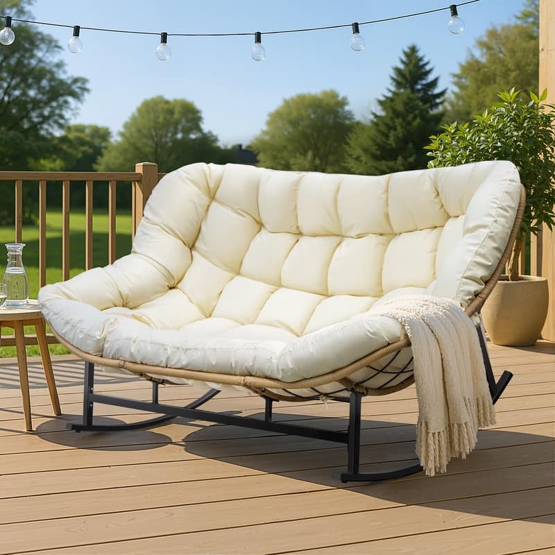 FINCATI Outdoor Double Papasan Chair, Oversized Patio Rocking Chair, 700 lbs Indoor Wicker Rocking Chair for Two