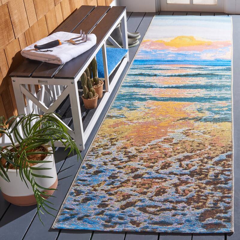 SAFAVIEH Barbados Wanne Tropical Indoor/ Outdoor Waterproof Patio Backyard Rug - Gold/Blue - 2'8" x 10'5" Runner