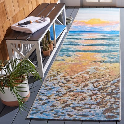SAFAVIEH Barbados Wanne Tropical Indoor/ Outdoor Waterproof Patio Backyard Rug - Gold/Blue - 2'8" x 10'5" Runner