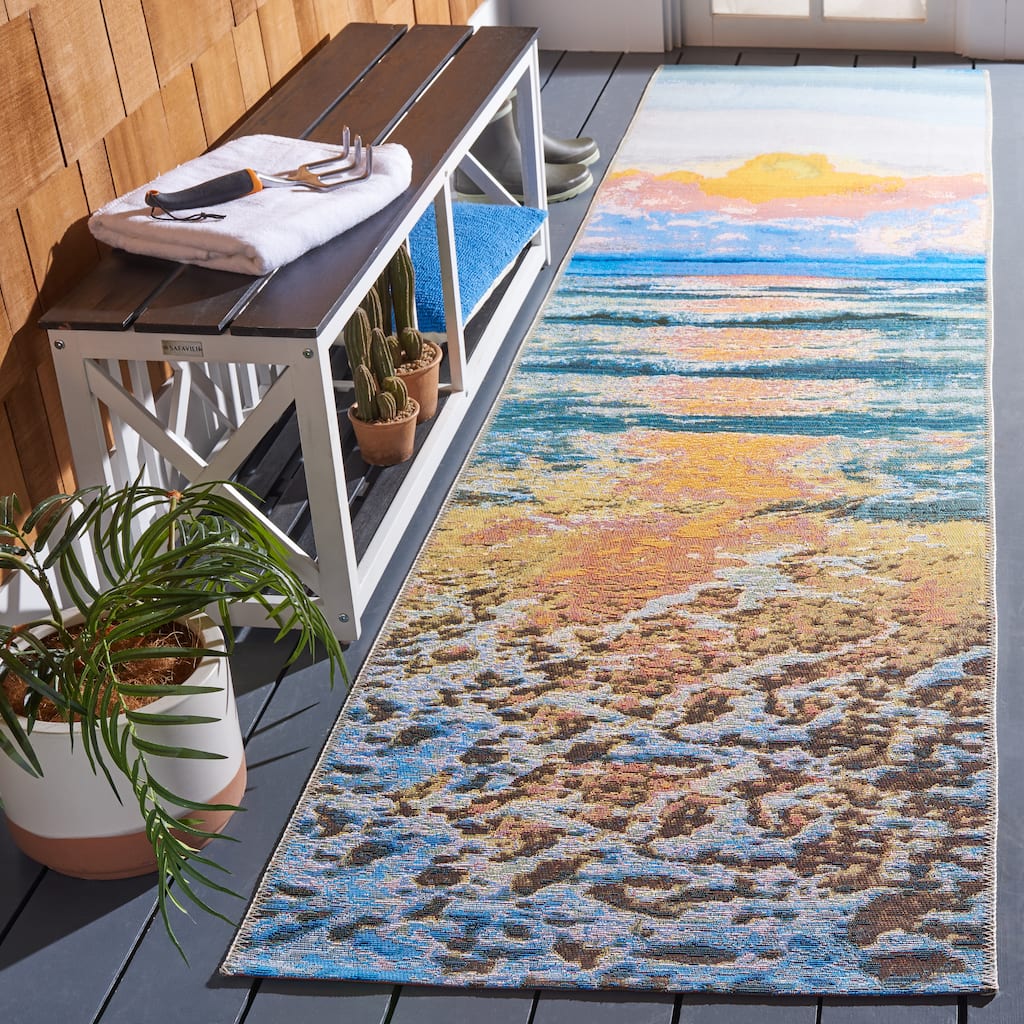 SAFAVIEH Barbados Wanne Tropical Indoor/ Outdoor Waterproof Patio Backyard Rug - Gold/Blue - 2'8" x 10'5" Runner
