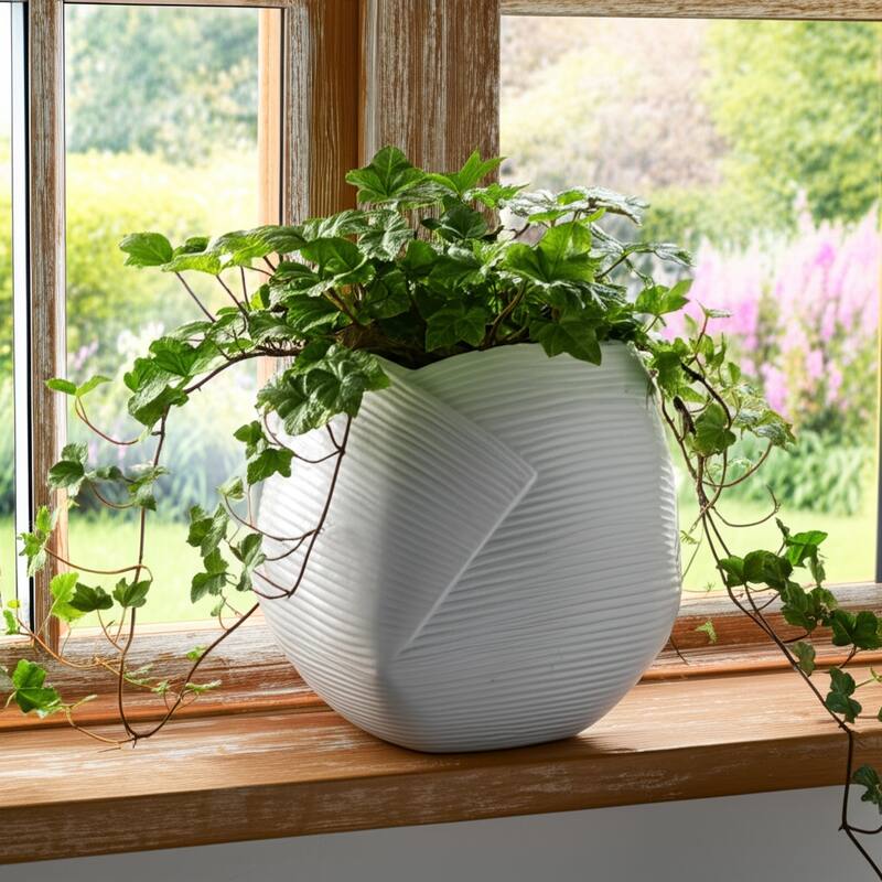 Stoneware Planter Pot Modern Texture Design Home Garden Use - 7" White - 8" x 8" x 7"