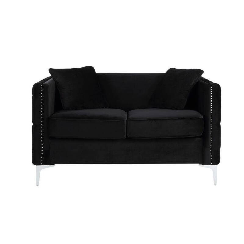 53" Black Velvet Loveseat With 2 Pillows - Black