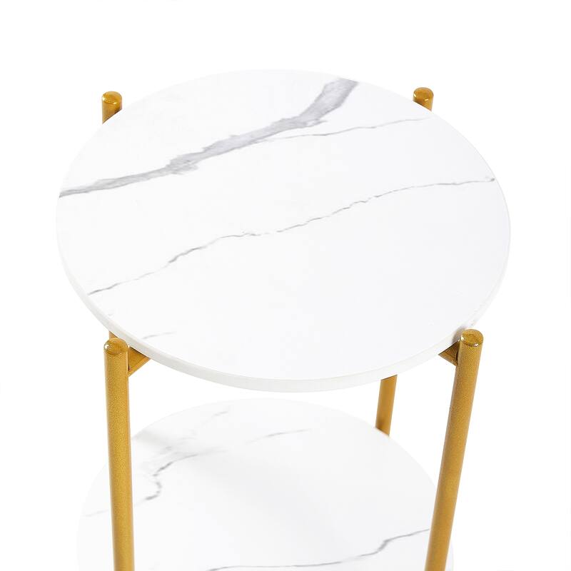 2-layer End Table with Whole Marble Tabletop, Round Coffee Table with Golden Metal Frame