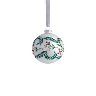 White Metallic Glass Ball Holiday Ornaments with Leaf Design, Set of 6, 3.25"