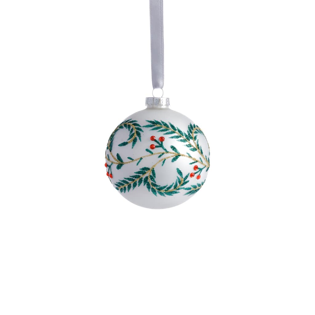 White Metallic Glass Ball Holiday Ornaments with Leaf Design, Set of 6, 3.25"