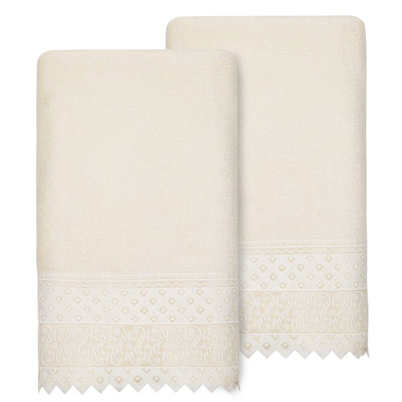 Authentic Hotel and Spa Turkish Cotton Aiden 2PC White Lace Embellished Bath Towel Set - Cream