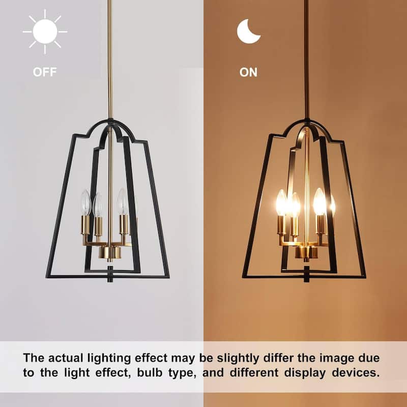 Modern Farmhouse Black Gold 4-Light Lantern Geometric Chandelier Candle Kitchen Island Pendant Light - 14" W x 17.5" H