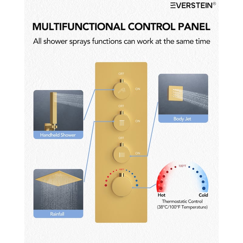 64 Color LED Mood Lighting Thermostatic Shower System,20"Ceiling-Mount Shower Head with 3-Functions Spray