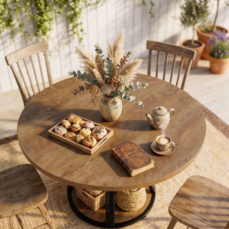 39 Inch Round Pedestal Dining Table with 2-Tier Storage Shelf - 39.37" D x 39.37" W x 29.53" H