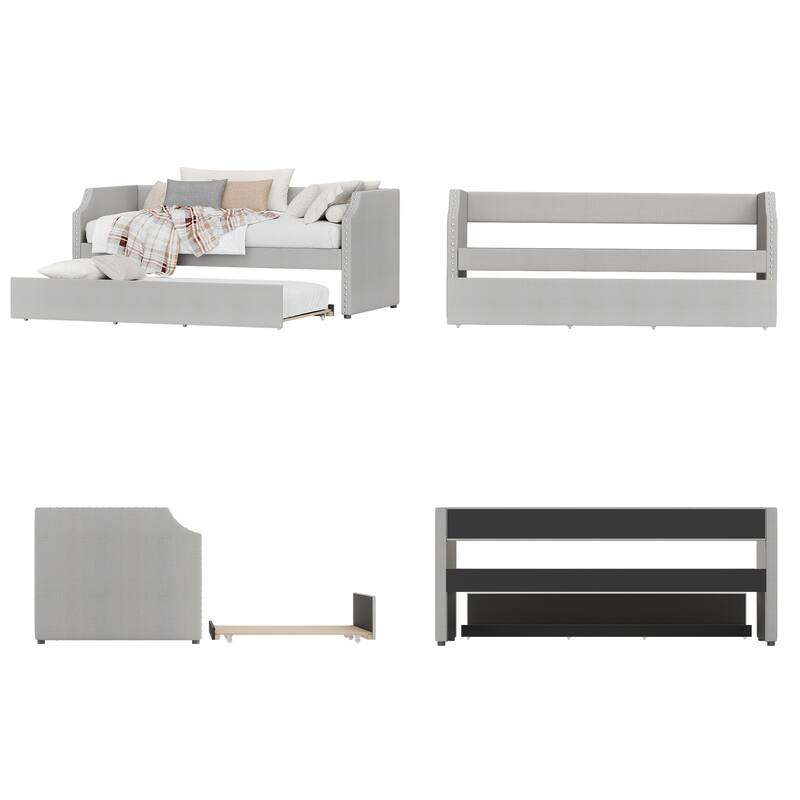 Modern Twin Size Upholstered Daybed with Trundle, Light Gray Fabric Sofa Bed with Plywood Slats and Nailhead Trim