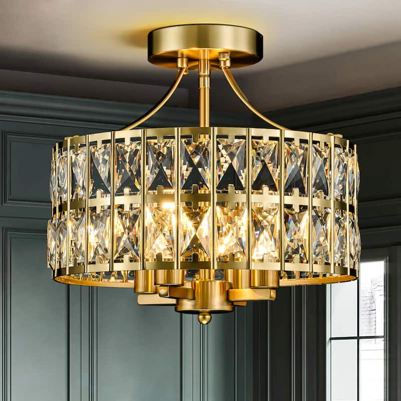 12.5 in. 4-Light Mid-Century Modern Drum Crystal Semi-Flush Mount Ceiling Light