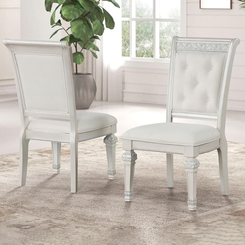 Elegant Ivory Finish Side Chairs Set Tufted