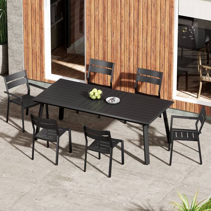 7/9 Piece Outdoor Patio Dining Set Aluminum Dining Table with Umbrella Hole and Stackable Chairs