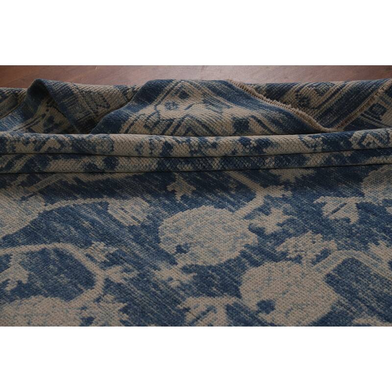 Hand Knotted Oriental 100% Wool Carpet Transitional All-Over Navy Blue & Blues Oushak Area Rug - 14' 9'' X 10' 0''