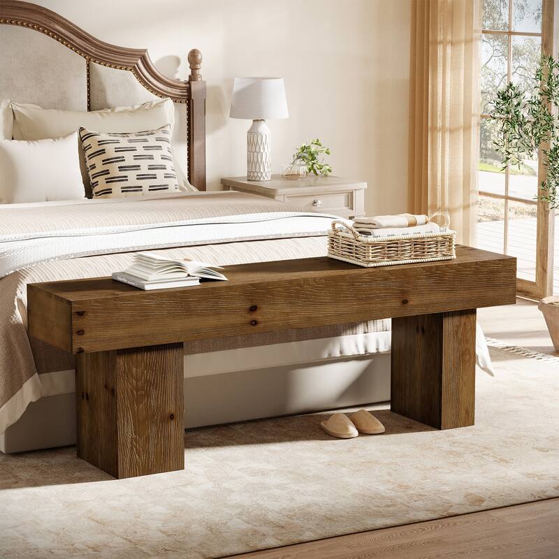 63" Farmhouse Entryway Shoe Bench, Solid Wood End of Bed Bench