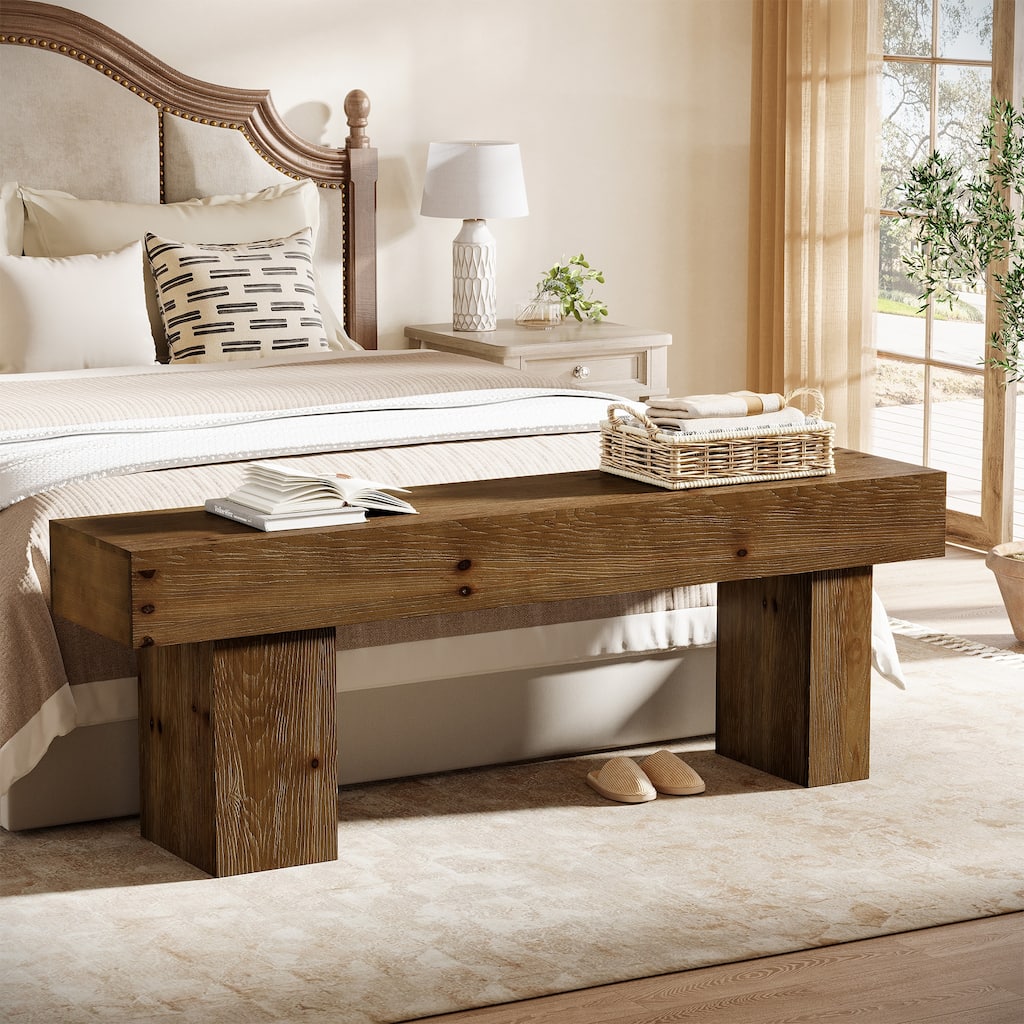 63" Solid Wood Entryway Shoe Bench, Farmhouse End of Bed Bench