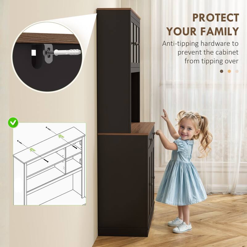 Tall Adjustable Shelves Kitchen Pantry Cabinet with Glass Doors and 8 Compartments 2 Drawers - 39.4" W x 15.7" D x 70.9" H