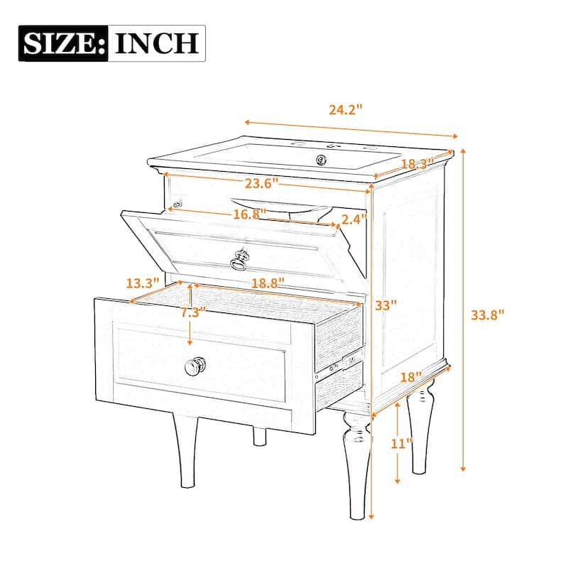 French Style Bathroom Vanity Cabinet with Long Legs and 2 Drawers