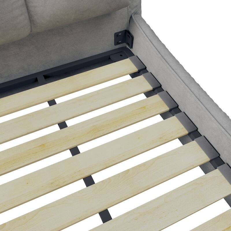 Queen/King Size Upholstered Platform Bed with Oversized Padded Backrest, Low Profile Bed Frame Floor Bed with Thickening Slats