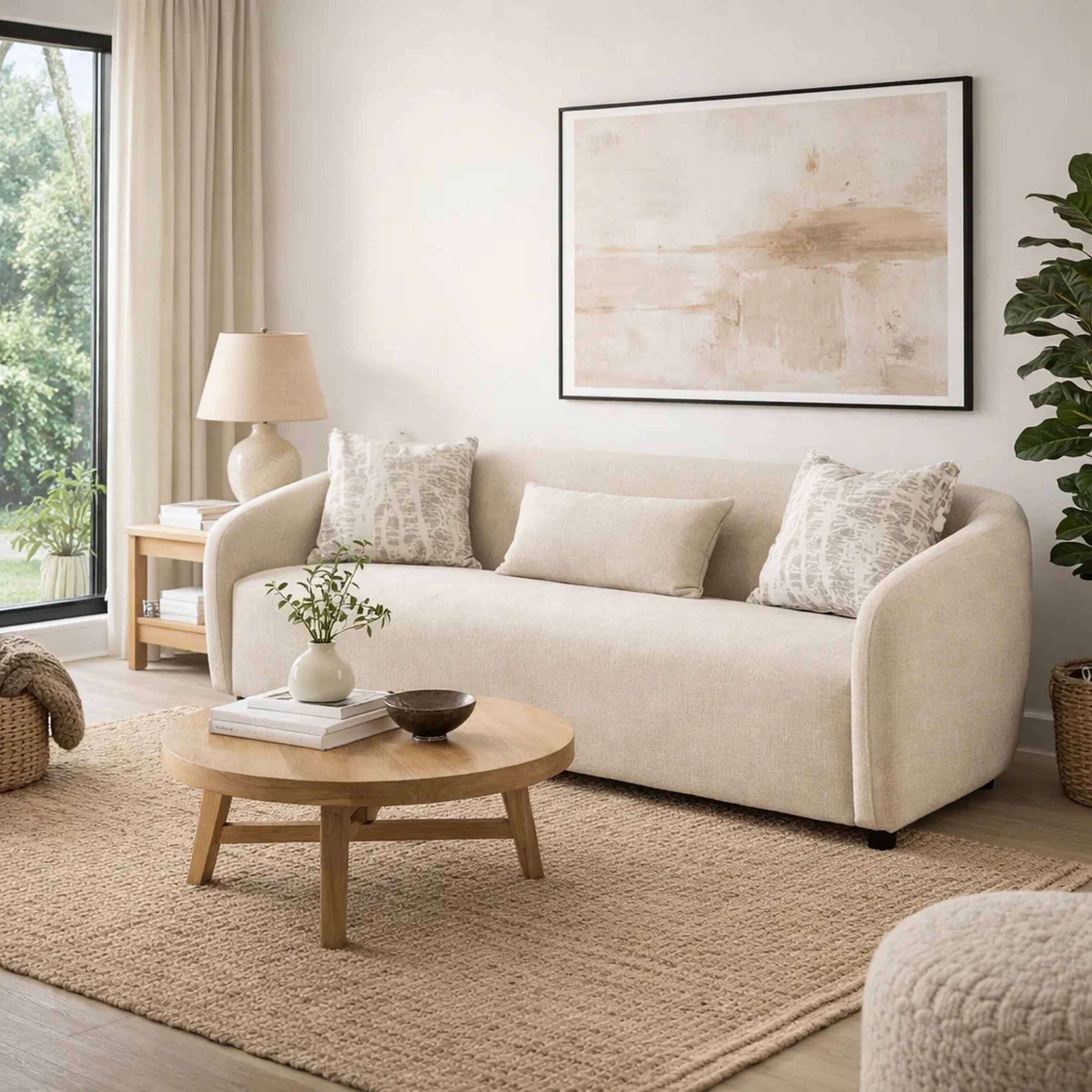 Tiena Sofa | 3 Accent Throw Pillows | Modern Warm Beige Linen