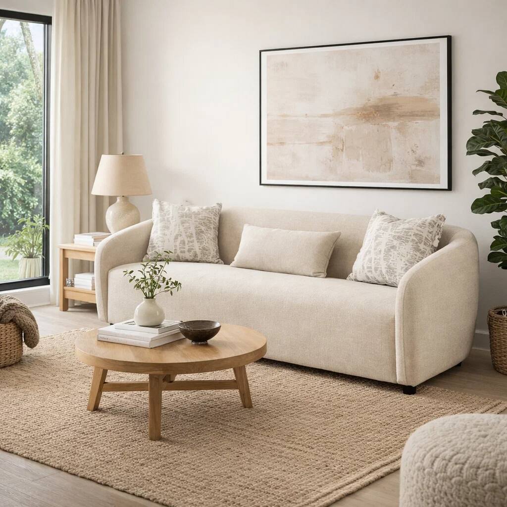 Tiena Sofa, 3 Accent Throw Pillows, Modern Warm Beige Linen, 84 Inch